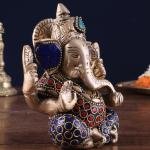 Small Pure Brass Lord Ganesha Idol with Stonework - 5" Height